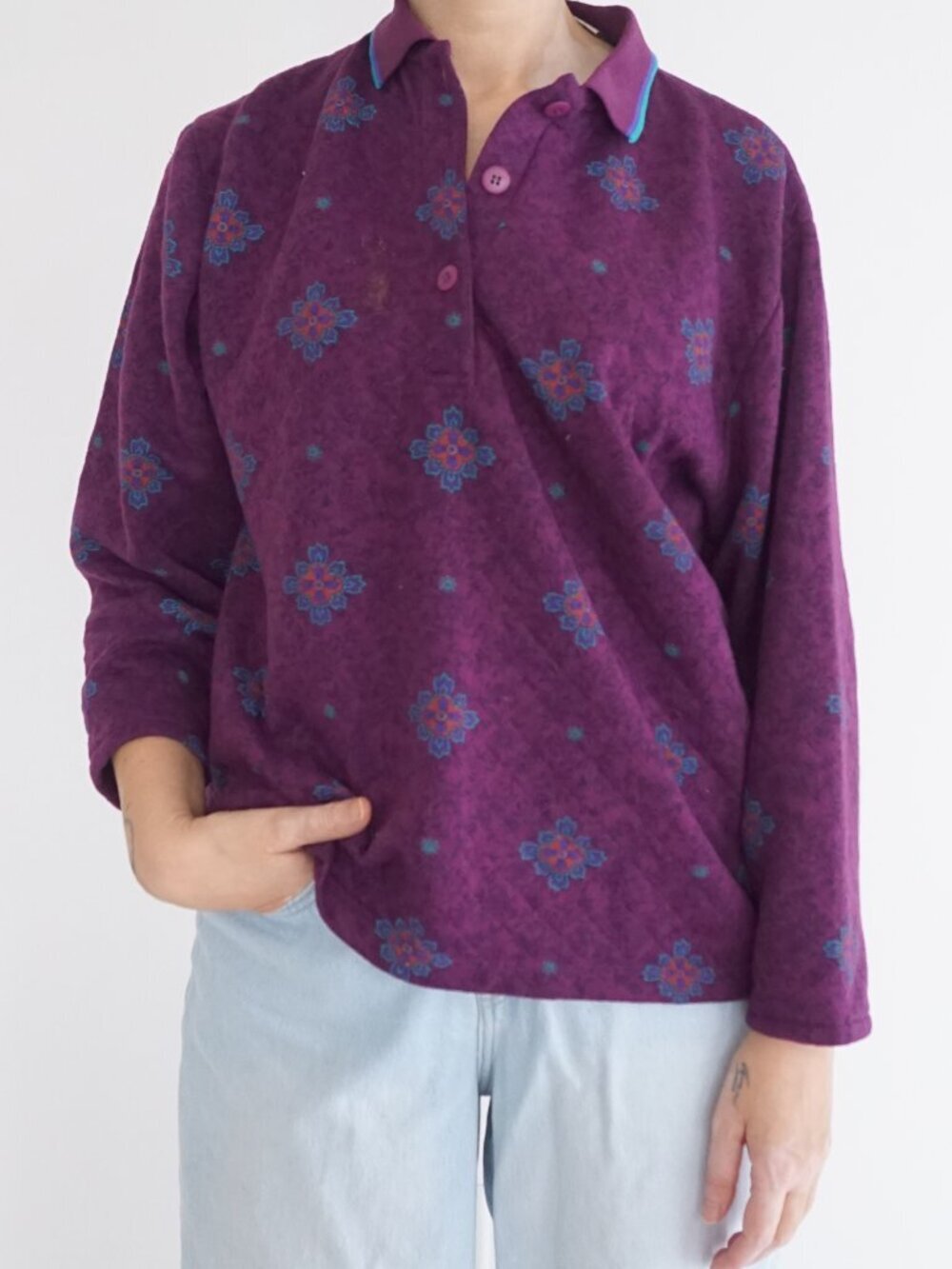 Vintage Gitano Purple Floral Geometric Grunge Academic Collared Polo Shirt S